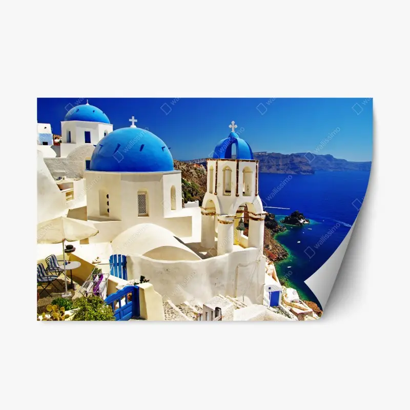 Repositionable sticker Santorini blue domes seaside view