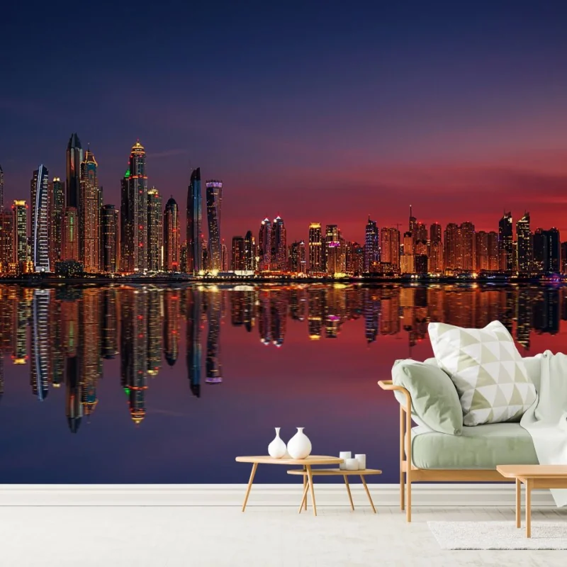 Wall mural city skyline at sunset with reflection