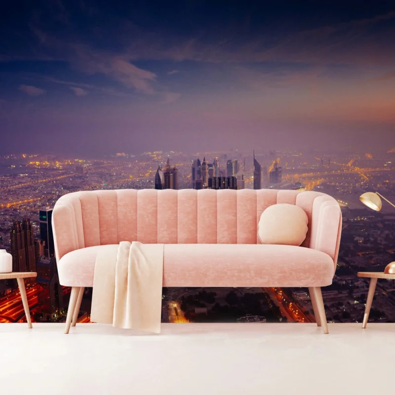 Wall mural dusk city skyline with glowing lights
