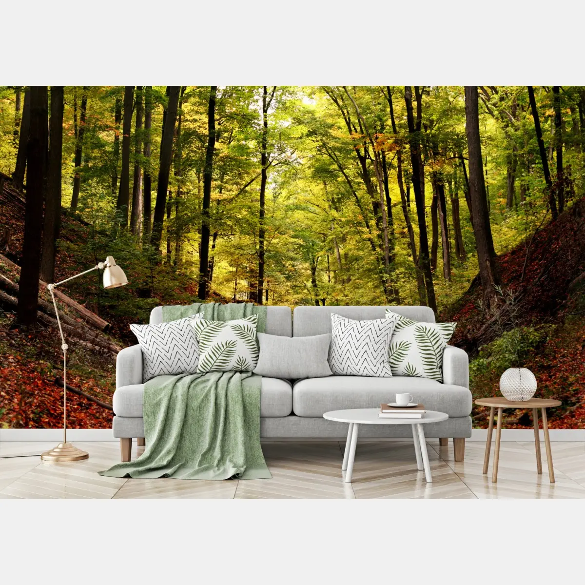 Wall mural autumn forest pathway under green canopy • Wallissimo®