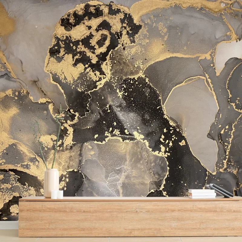 Wall mural gold and black abstract marbled composition