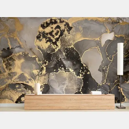 Wall mural gold and black abstract marbled composition • Wallissimo®
