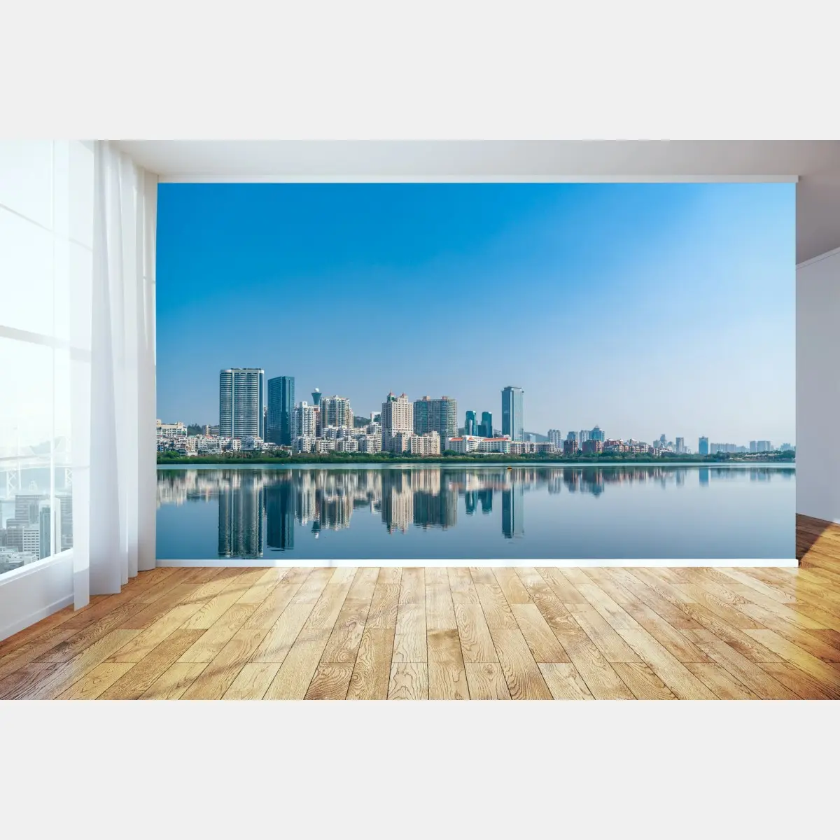 Wall mural calm city skyline reflection over water • Wallissimo®