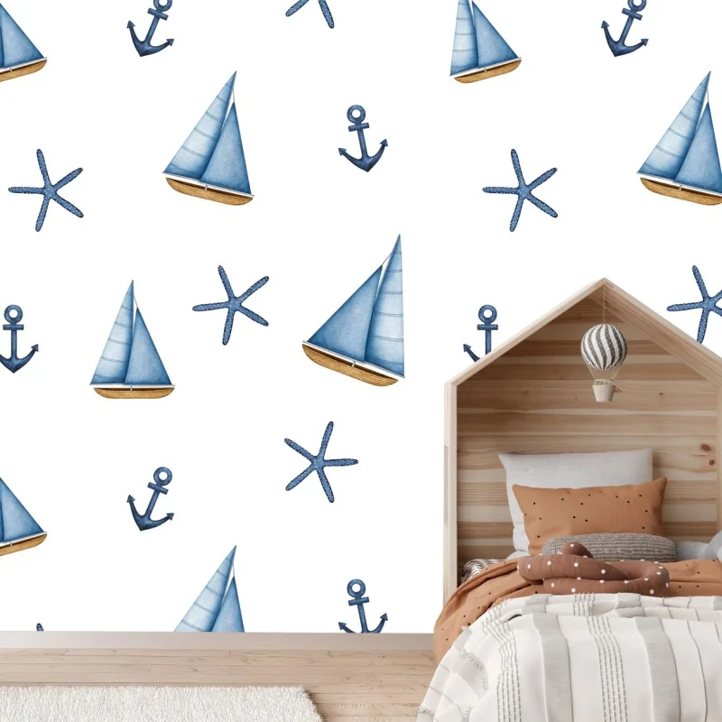 Wall mural watercolor nautical sailboat pattern
