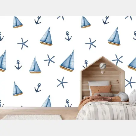 Wall mural watercolor nautical sailboat pattern • Wallissimo®