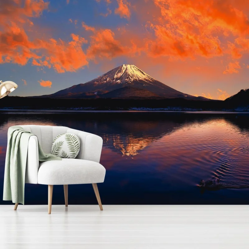 Wall mural serene mountain sunset reflection over lake