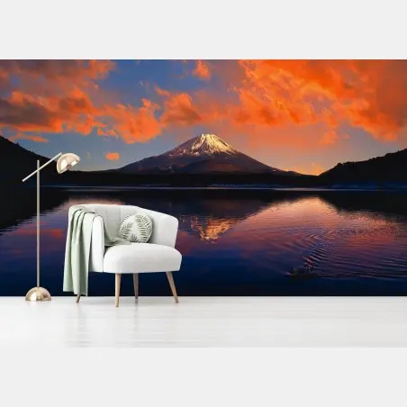 Wall mural serene mountain sunset reflection over lake • Wallissimo®
