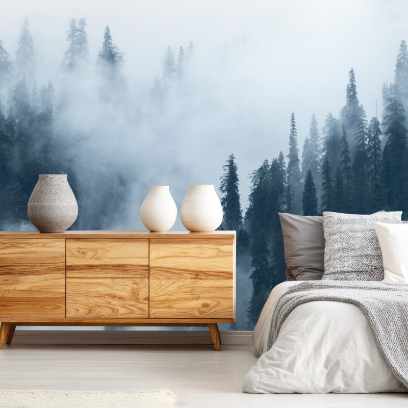 Wall mural misty pine forest landscape