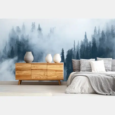 Wall mural misty pine forest landscape • Wallissimo®