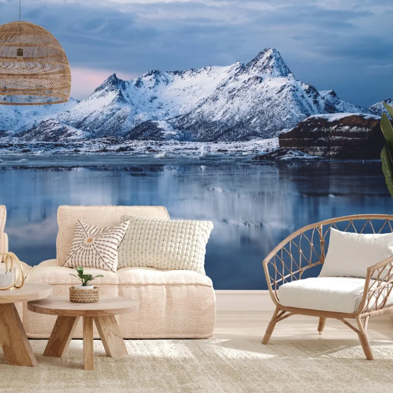 Wall mural snowy mountain reflections at dawn
