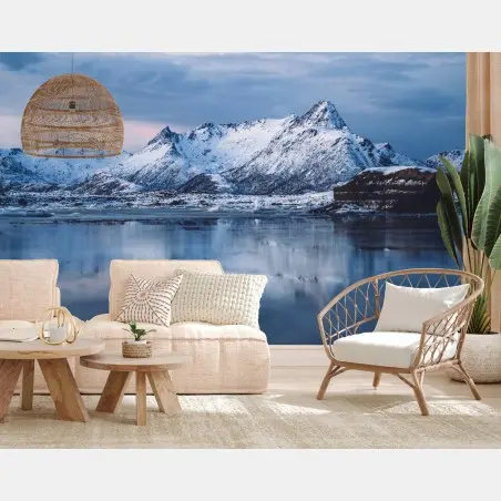 Wall mural snowy mountain reflections at dawn • Wallissimo®