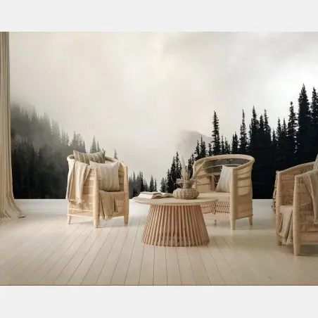 Wall mural misty conifer forest silhouette • Wallissimo®
