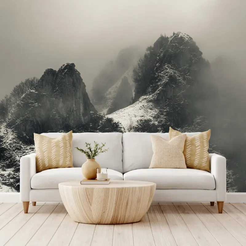 Wall mural misty snowy mountain peaks • Wallissimo® Wall mural misty snowy mountain peaks • Wallissimo®
