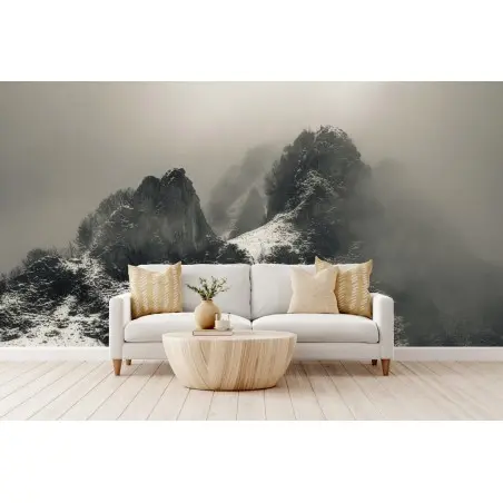 Wall mural misty snowy mountain peaks • Wallissimo®