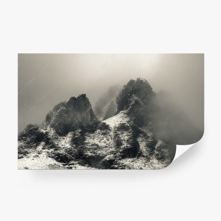 Wall mural misty snowy mountain peaks • Wallissimo®
