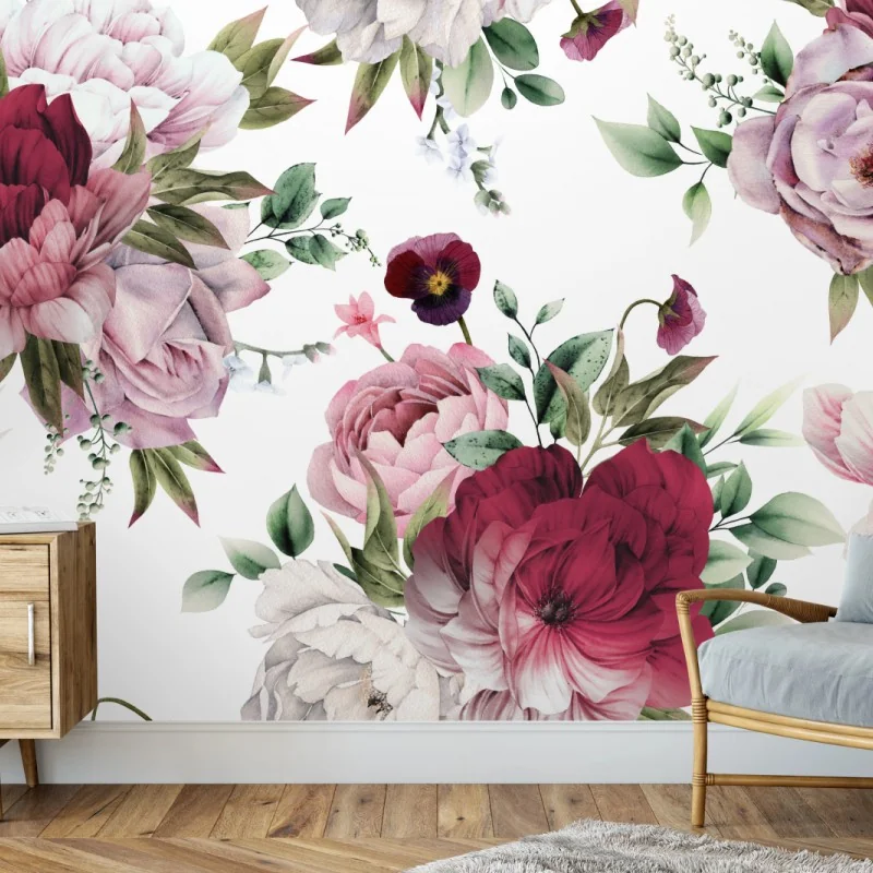 Wall mural watercolor peony floral pattern