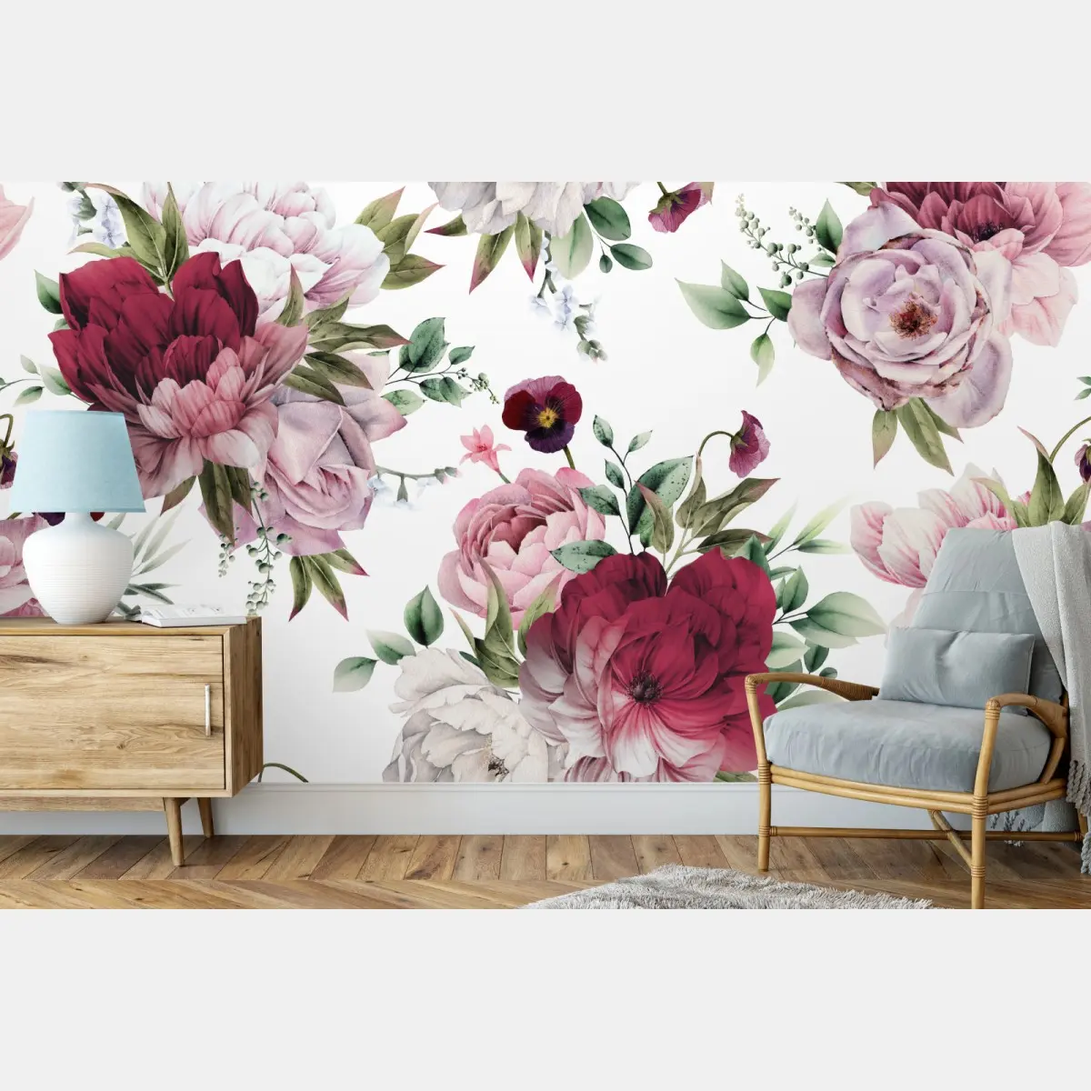 Wall mural watercolor peony floral pattern • Wallissimo®