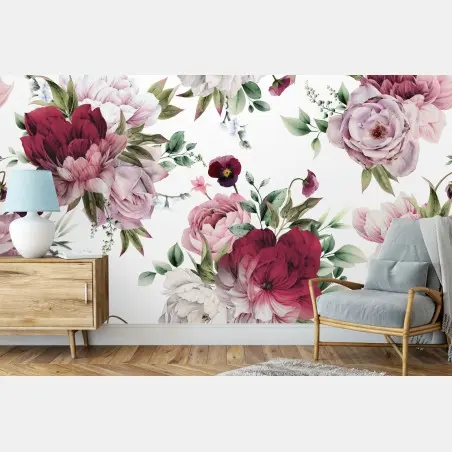 Wall mural watercolor peony floral pattern • Wallissimo®