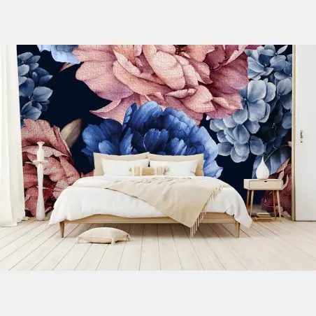 Wall mural watercolor peonies on navy floral pattern • Wallissimo®