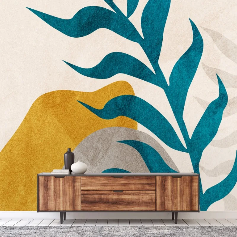 Wall mural turquoise leaf and gold abstract composition