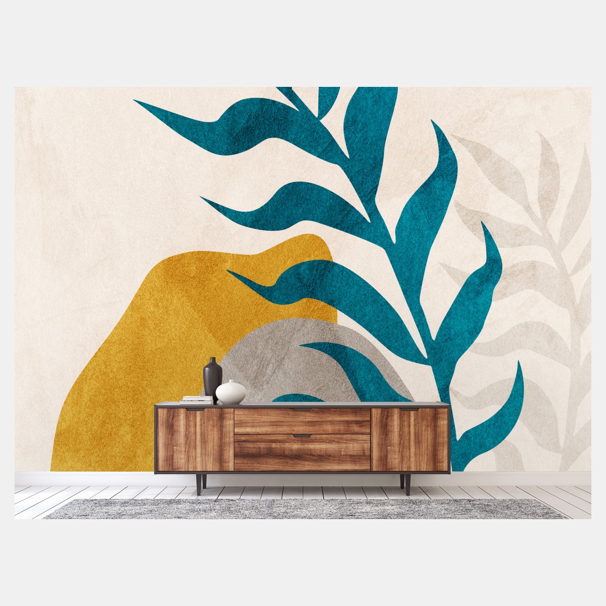 Wall mural turquoise leaf and gold abstract composition • Wallissimo®