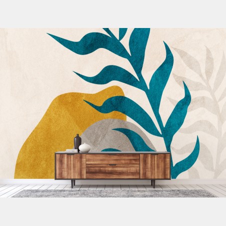 Wall mural turquoise leaf and gold abstract composition • Wallissimo®