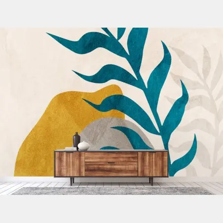Wall mural turquoise leaf and gold abstract composition • Wallissimo®