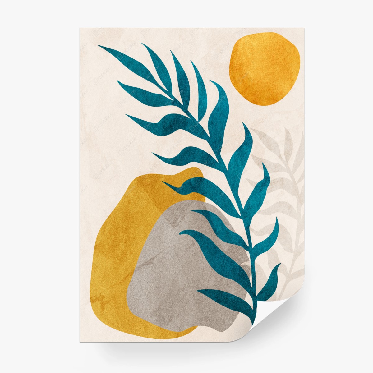 Wall mural turquoise leaf and gold abstract composition • Wallissimo®