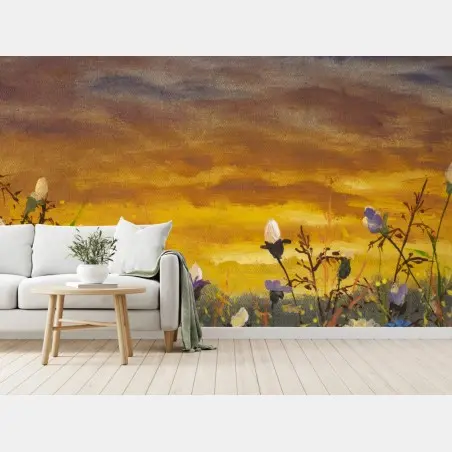 Wall mural sunset daisies and cornflowers meadow • Wallissimo®