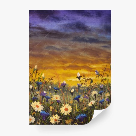 Wall mural sunset daisies and cornflowers meadow • Wallissimo®