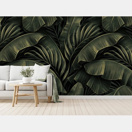 Wall mural dark tropical banana leaf pattern • Wallissimo®