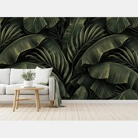 Wall mural dark tropical banana leaf pattern • Wallissimo®