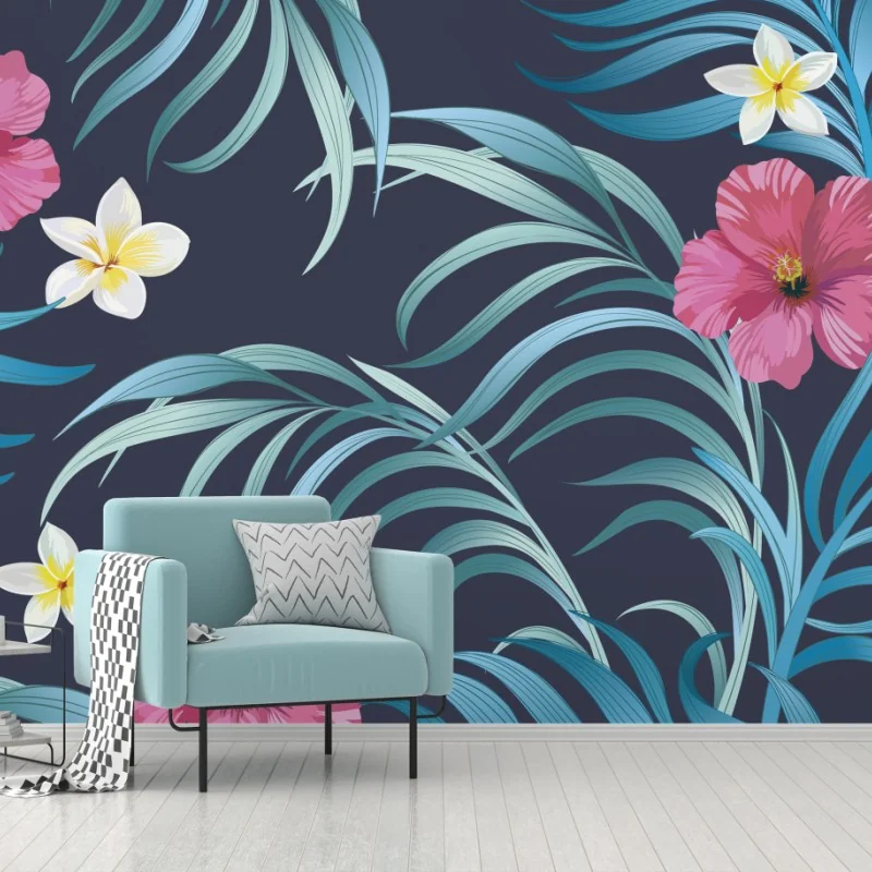 Wall mural tropical hibiscus floral pattern
