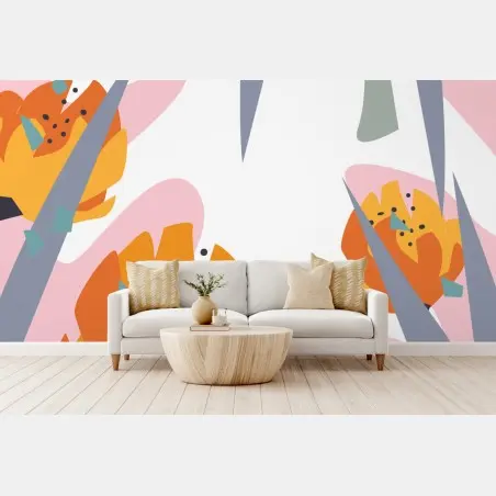Wall mural modern abstract orange floral design • Wallissimo®