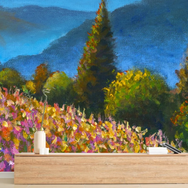 Wall mural vibrant lavender meadow at sunset