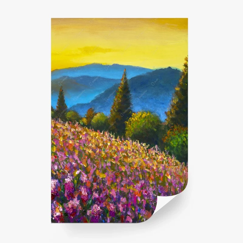 Wall mural vibrant lavender meadow at sunset