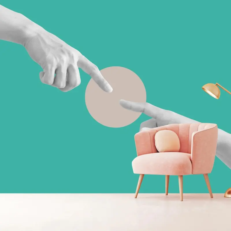 Wall mural connecting fingers on turquoise background