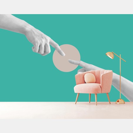 Wall mural connecting fingers on turquoise background • Wallissimo®