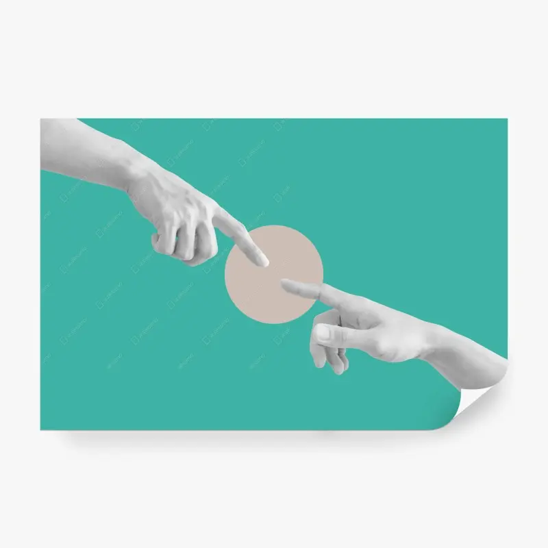 Wall mural connecting fingers on turquoise background