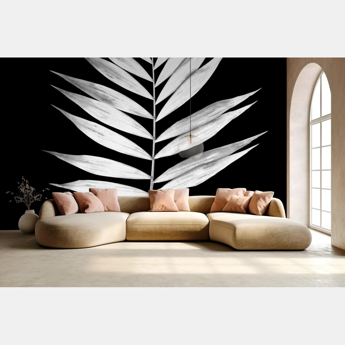 Wall mural monochrome palm leaf art print • Wallissimo®
