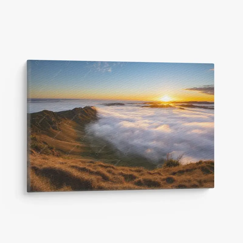 Canvas print sunrise over misty mountain valley
