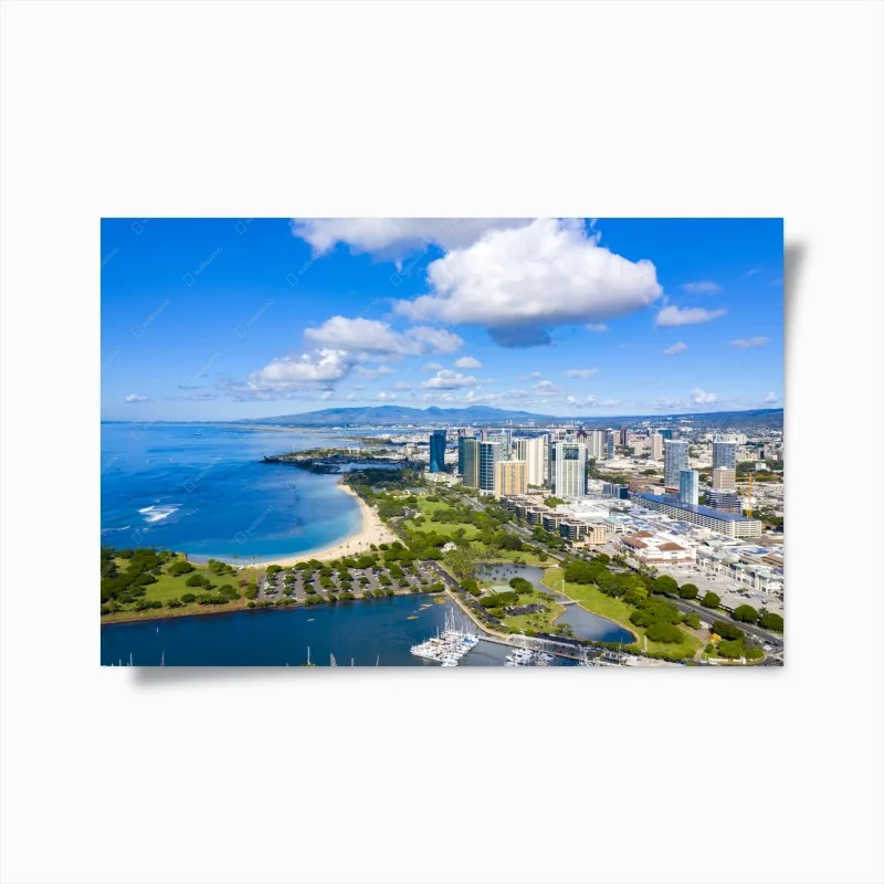 Poster tranquil coastal city skyline
