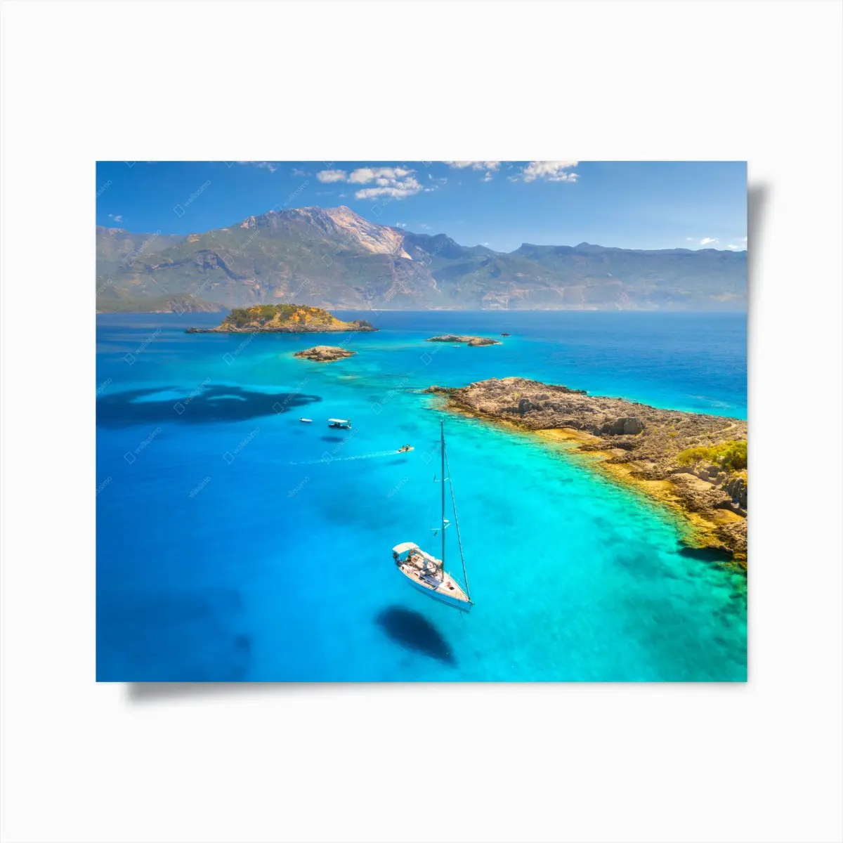 Poster turquoise Mediterranean seascape with sailboat • Wallissimo®
