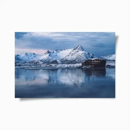 Poster snowy mountain reflections at dawn • Wallissimo®