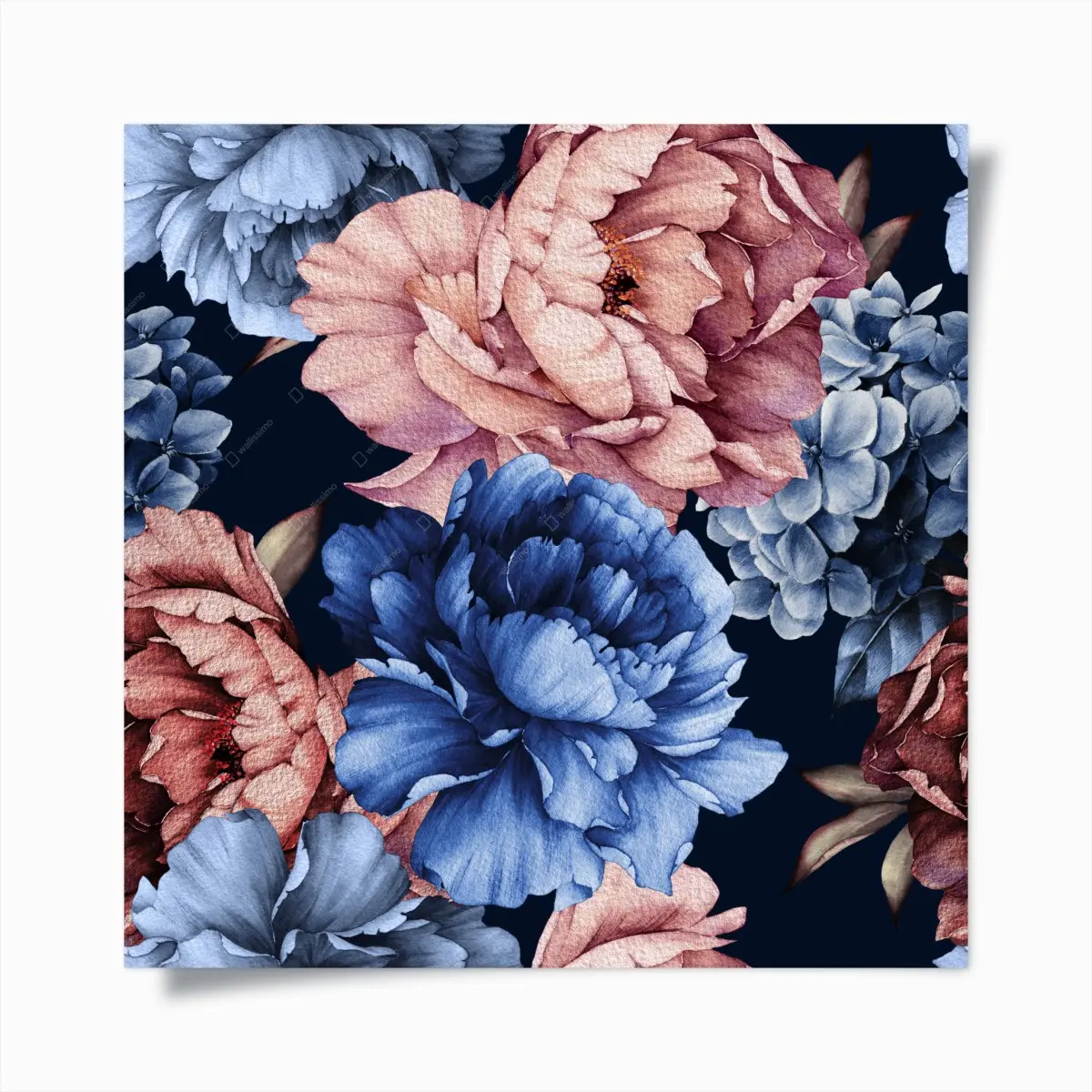Poster watercolor peonies on navy floral pattern • Wallissimo®