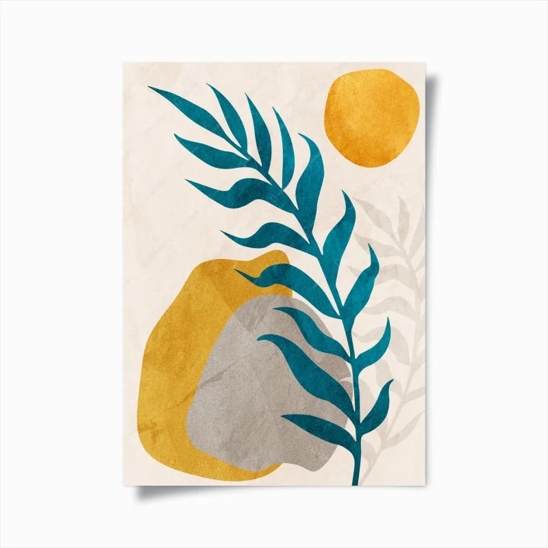 Poster turquoise leaf and gold abstract composition