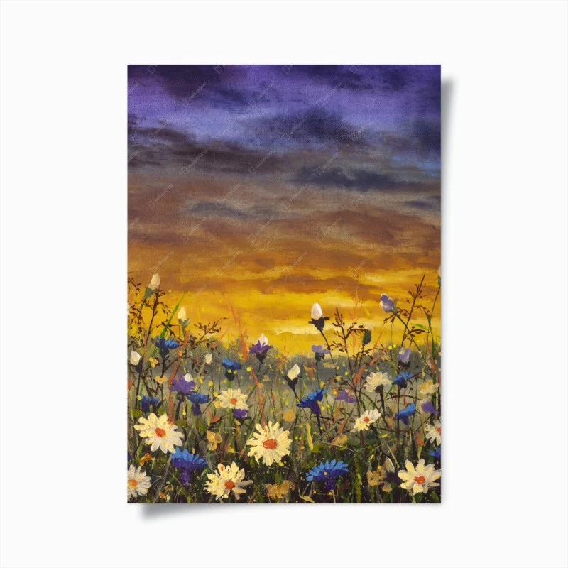 Poster sunset daisies and cornflowers meadow