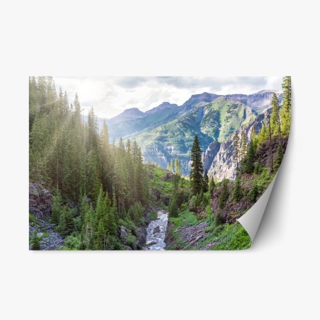 Repositionable sticker sunlit alpine mountain valley with river • Wallissimo®