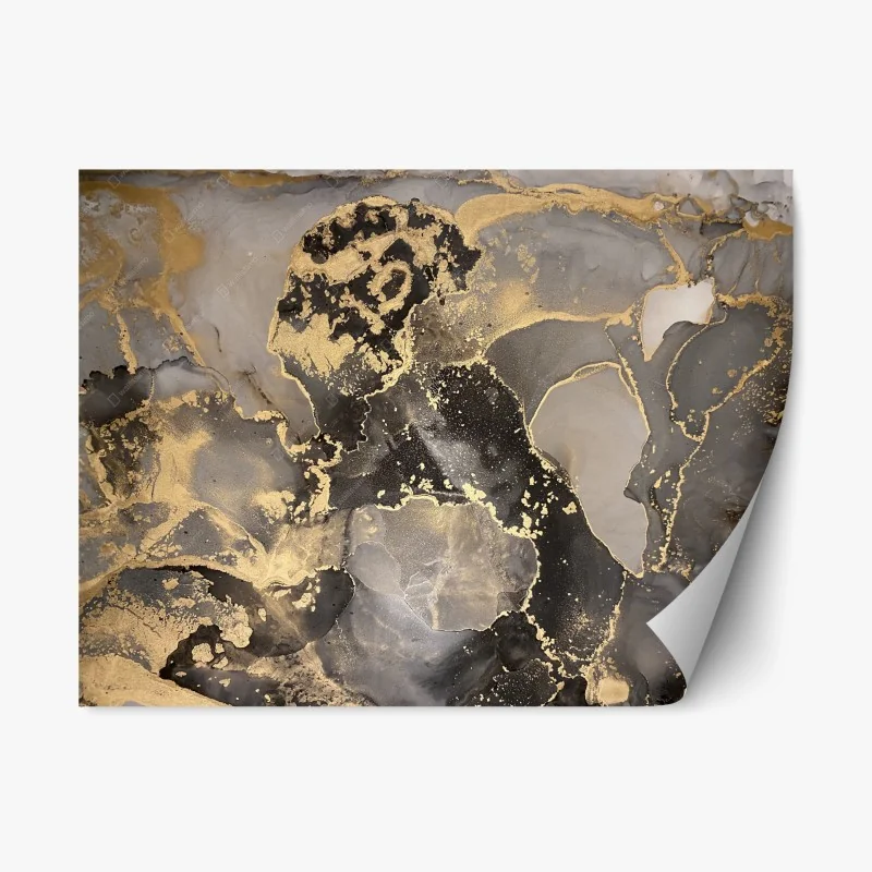 Repositionable sticker gold and black abstract marbled composition