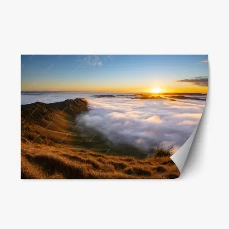Repositionable sticker sunrise over misty mountain valley • Wallissimo®